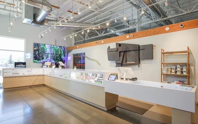 Bright cannabis dispensary interior with display cases, wood shelves, and merchandise