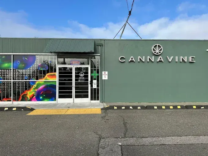 Cannavine dispensary exterior with green wall, colorful mural, and parking area